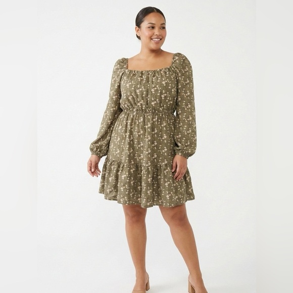 And Now This Dresses & Skirts - And Now This Plus 0X Olive Cottagecore Floral Square Neck Mini Dress NWT